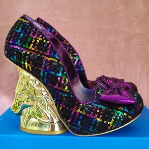 NWOB Irregular Choice Trixy Velvet Sequin Unicorn Heels Gold Size 41 / 10
